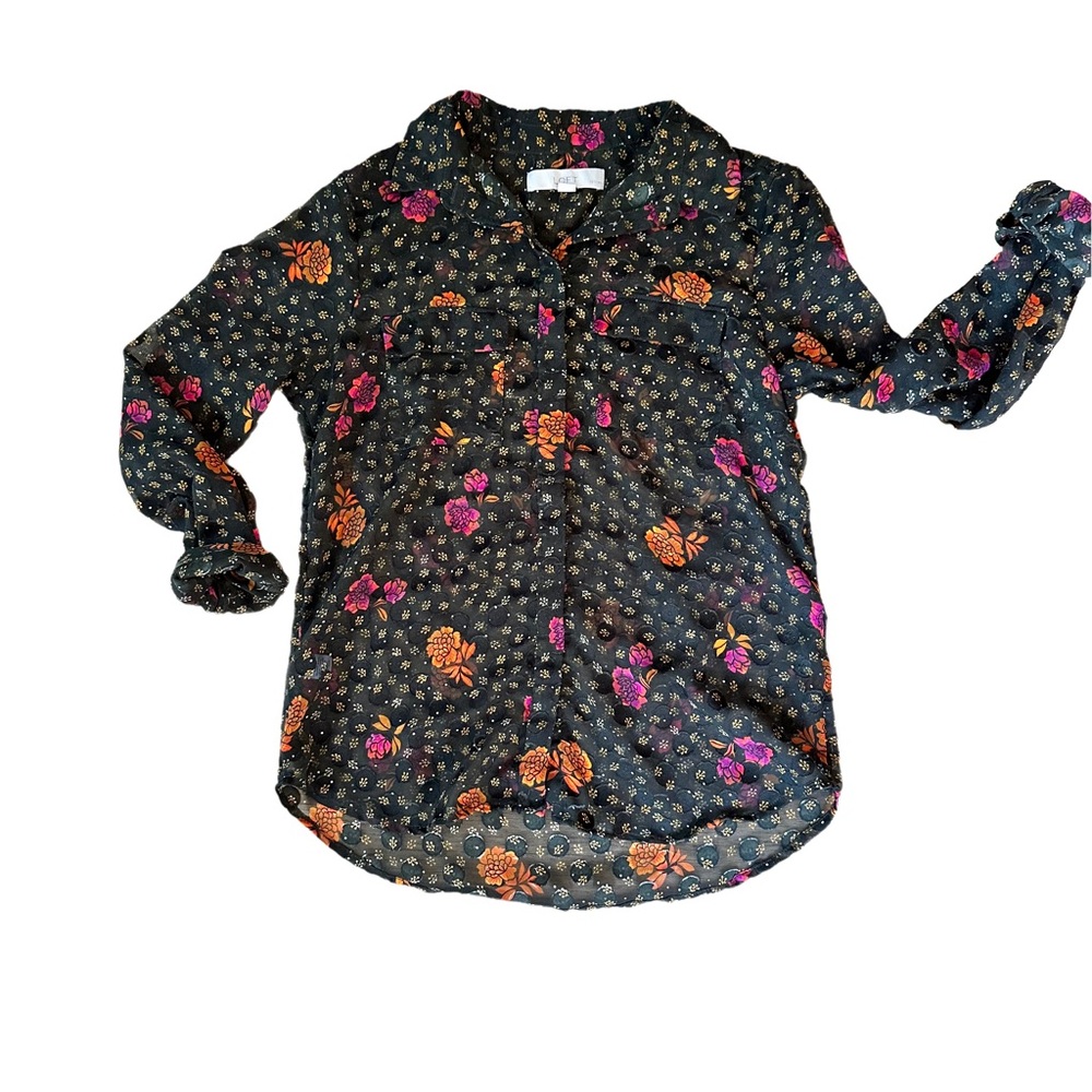 LOFT Sheer Long Sleeve Button Up Green Floral Blouse